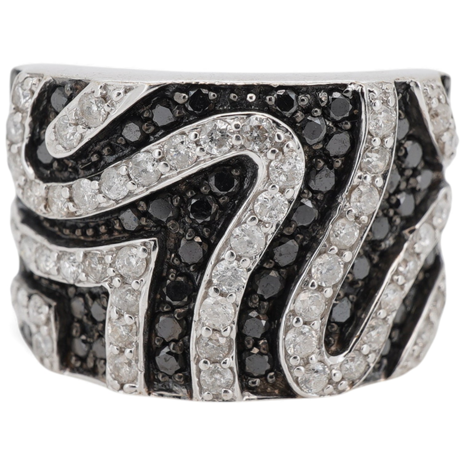 A recent 9ct white gold and two colour diamond cluster dress ring, of 'zebra' design, size N, gross weight 6.8 grams.